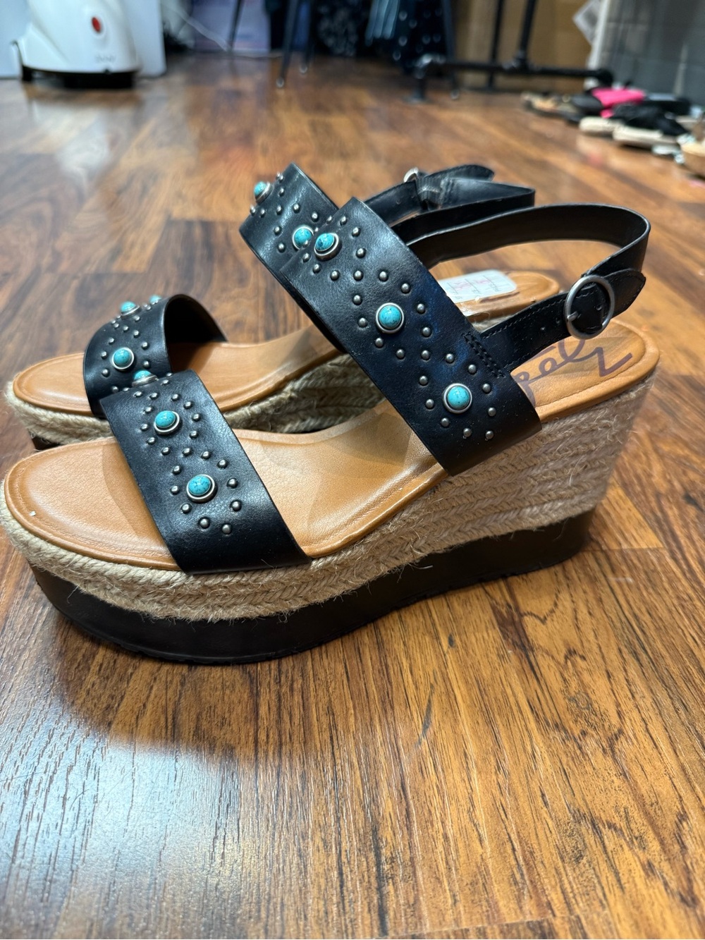Zodiac Black Wedge Sandals with Turquoise Accents